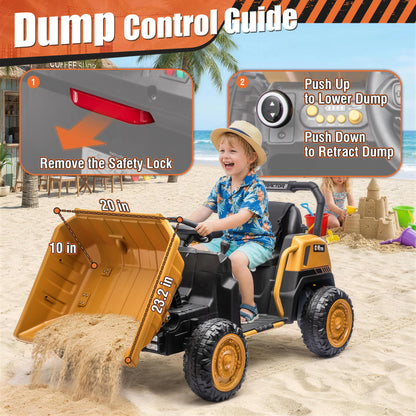 24V Kids Ride-On Dump Truck w/ Remote, Metal Frame , Dump Bed & Shovel (Age: 3 to 9Y)