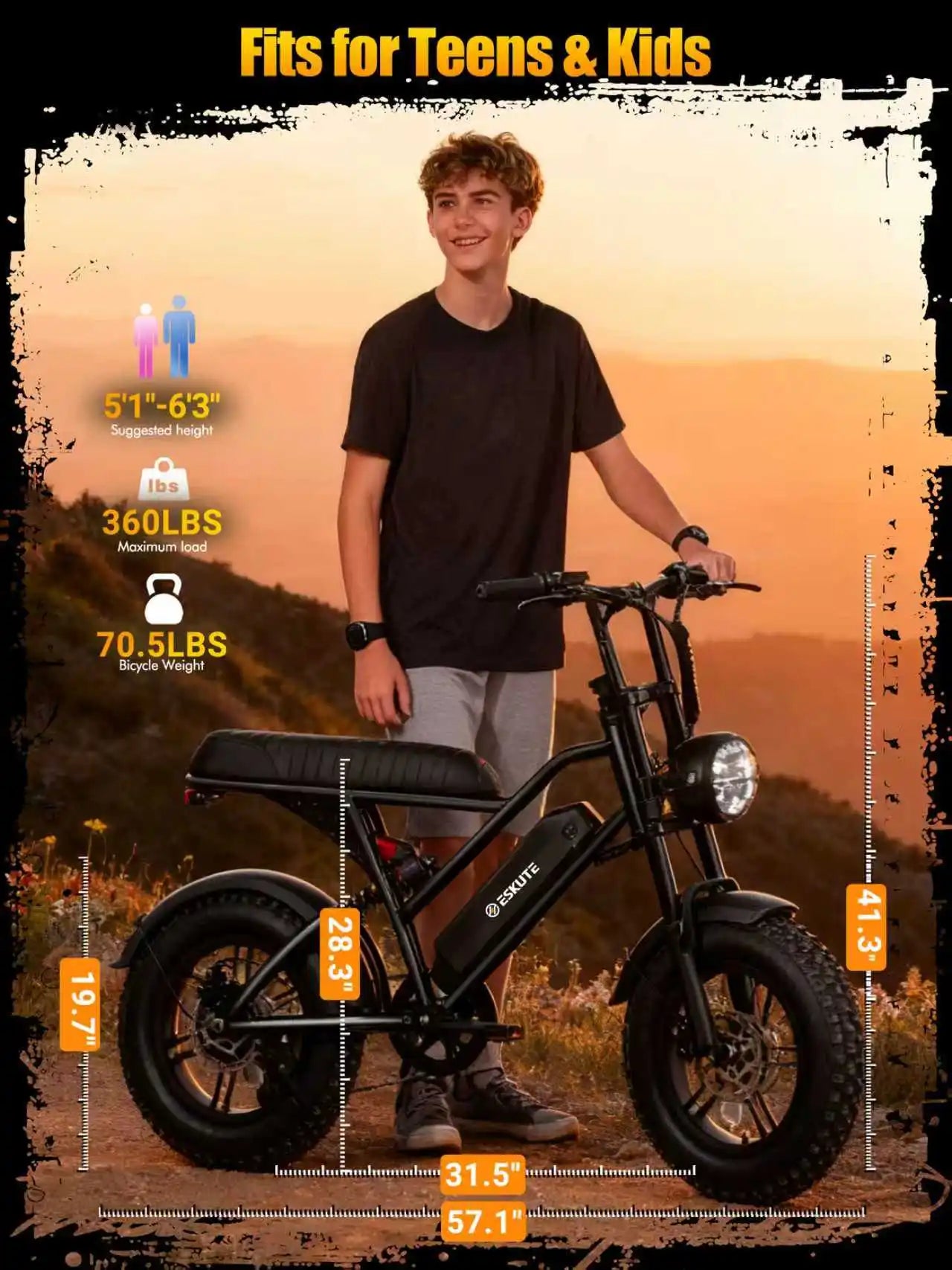 ESKUTE V100 Electric Dirt Bike | 1500W Peak | 48V 13Ah | 28 MPH| 60-Mile Range | Kids Rider