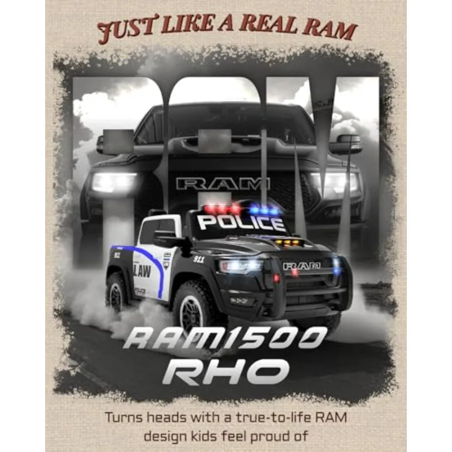 24V Licensed Ram 1500 RHO Police Ride On Car | 2 Seater Electric Truck with Parent Remote Control, Siren, Flashing Lights