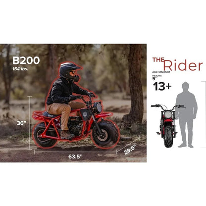 196cc B200 Gas Powered Mini Bike for kids & Adults - 30MPH 4-Stroke Trail Bike