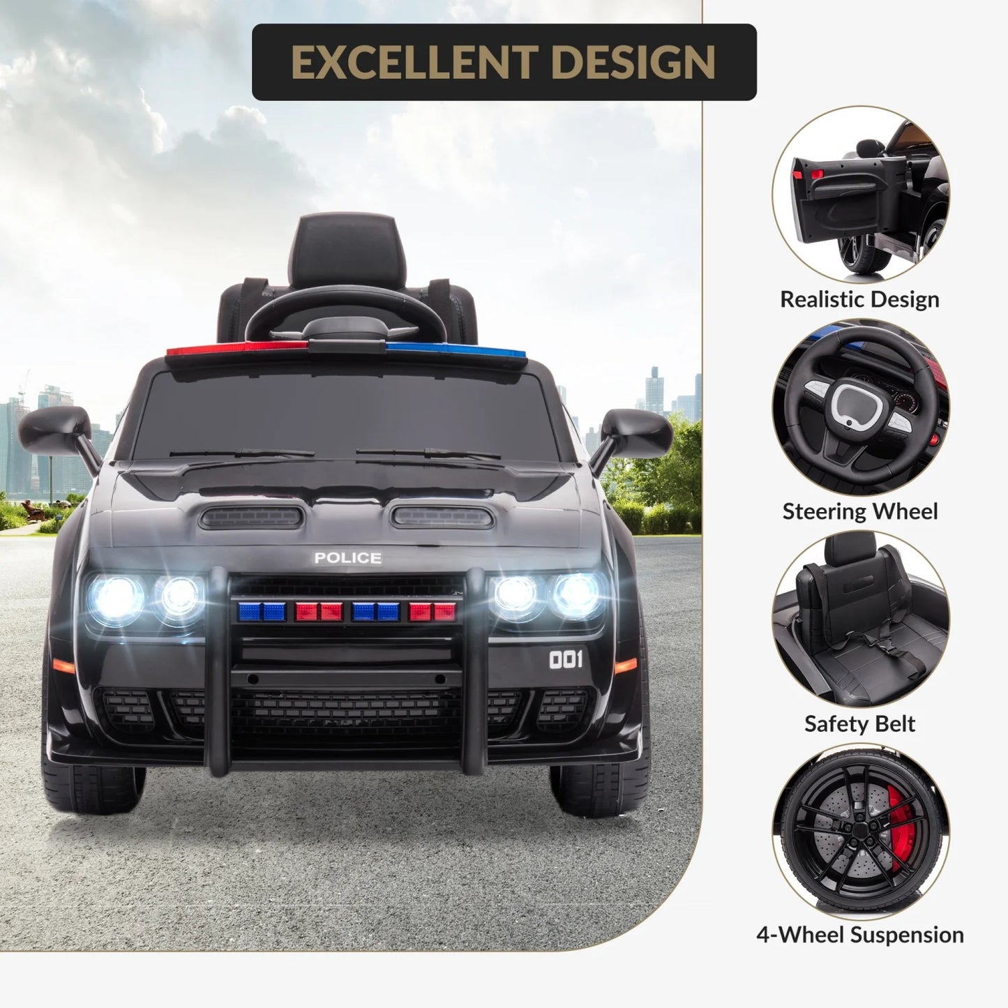 12V Kids Electric Ride-On Police Car with Remote & LED | Kids Rider(Recommended Age - 3-6 Years)