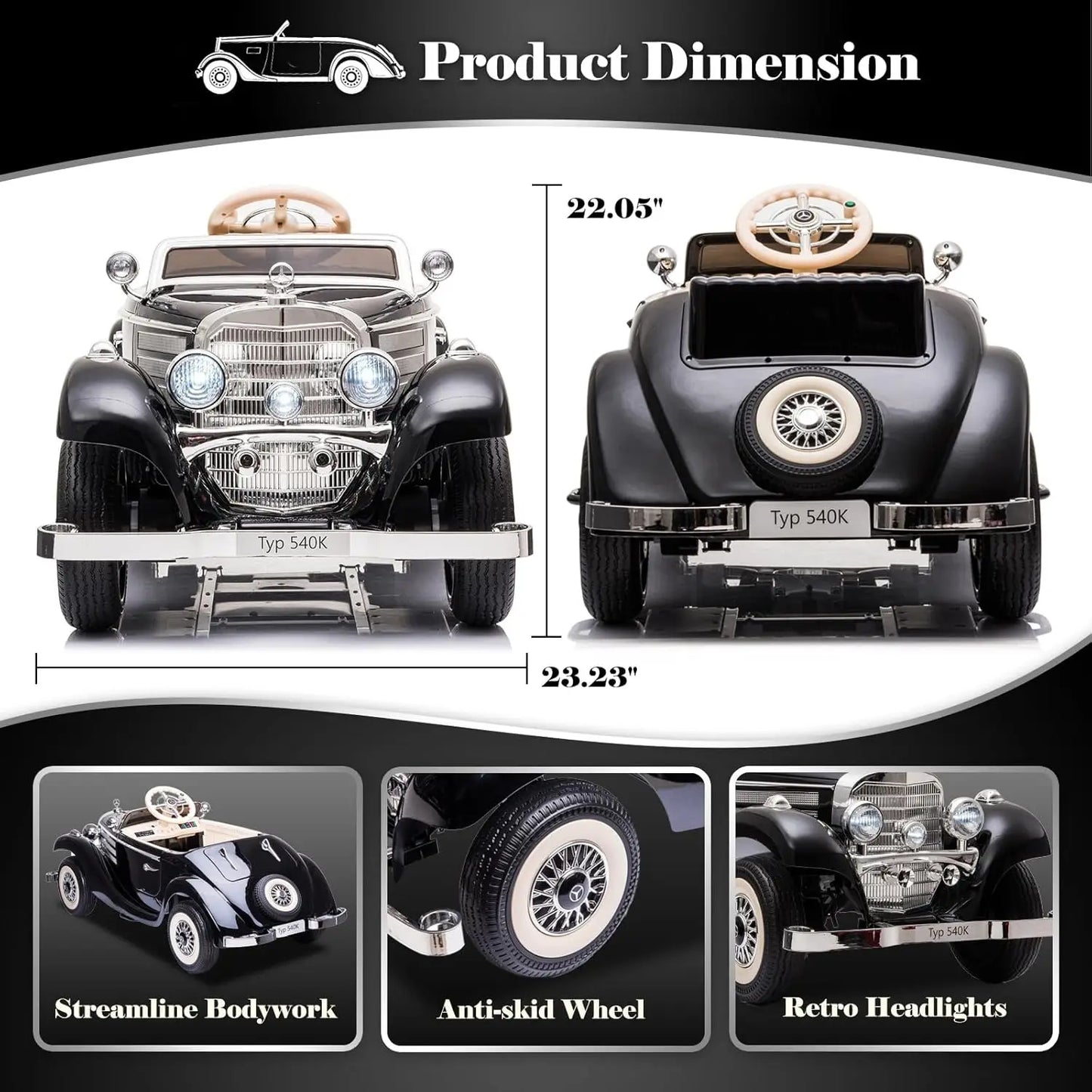 12V Mercedes-Benz Vintage Kids Ride-On Car w/ Remote – 220lbs