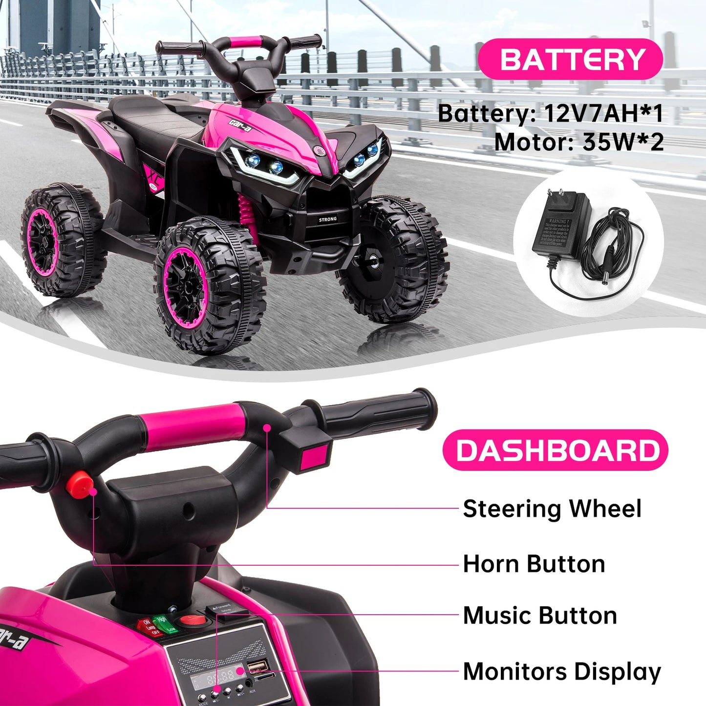 12V Kids Ride-On ATV w/ Remote, Lights & Music | Battery Powered Quad for Kids(Ages: 3-8Y)