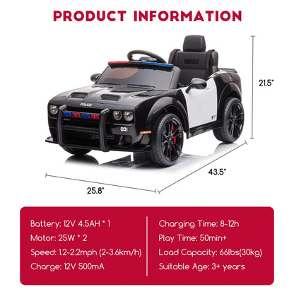 12V Kids Electric Ride-On Police Car with Remote & LED | Kids Rider(Recommended Age - 3-6 Years)