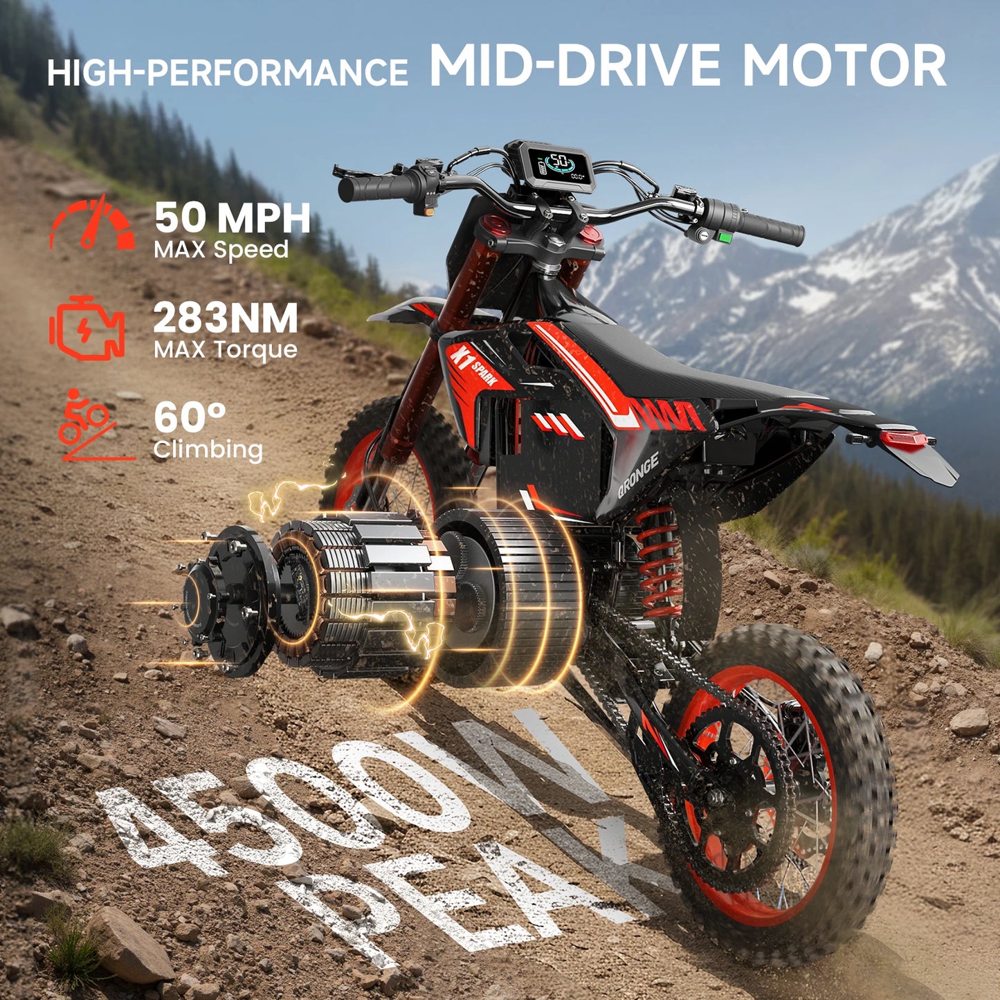 QRONGE X1 Spark 60V - 4500W Electric Dirt Bike for Teens & Adults | 50MPH w/Fat Tire Electric Motorcycle