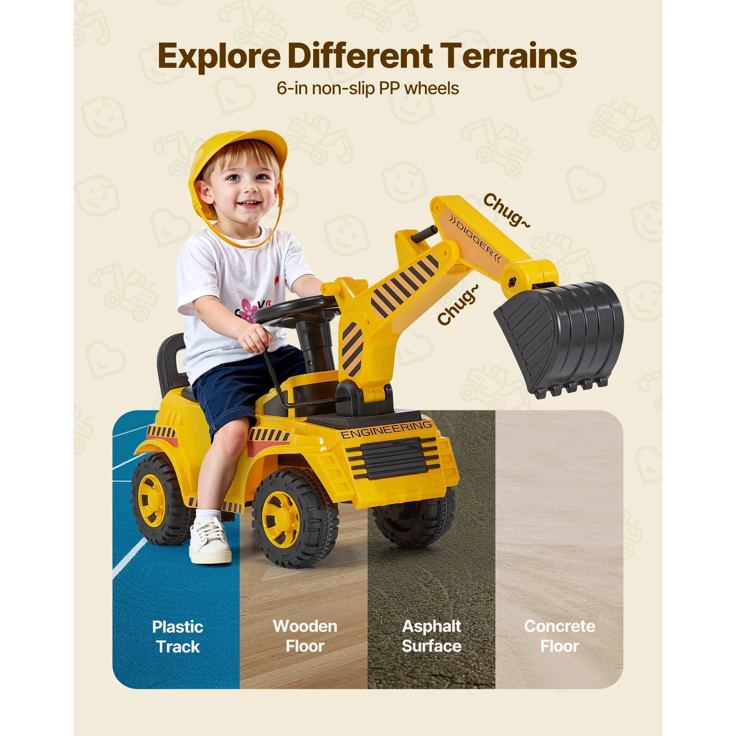 Toddler Ride-On Excavator | Foot-to-Floor Digger with Helmet | Kids Rider