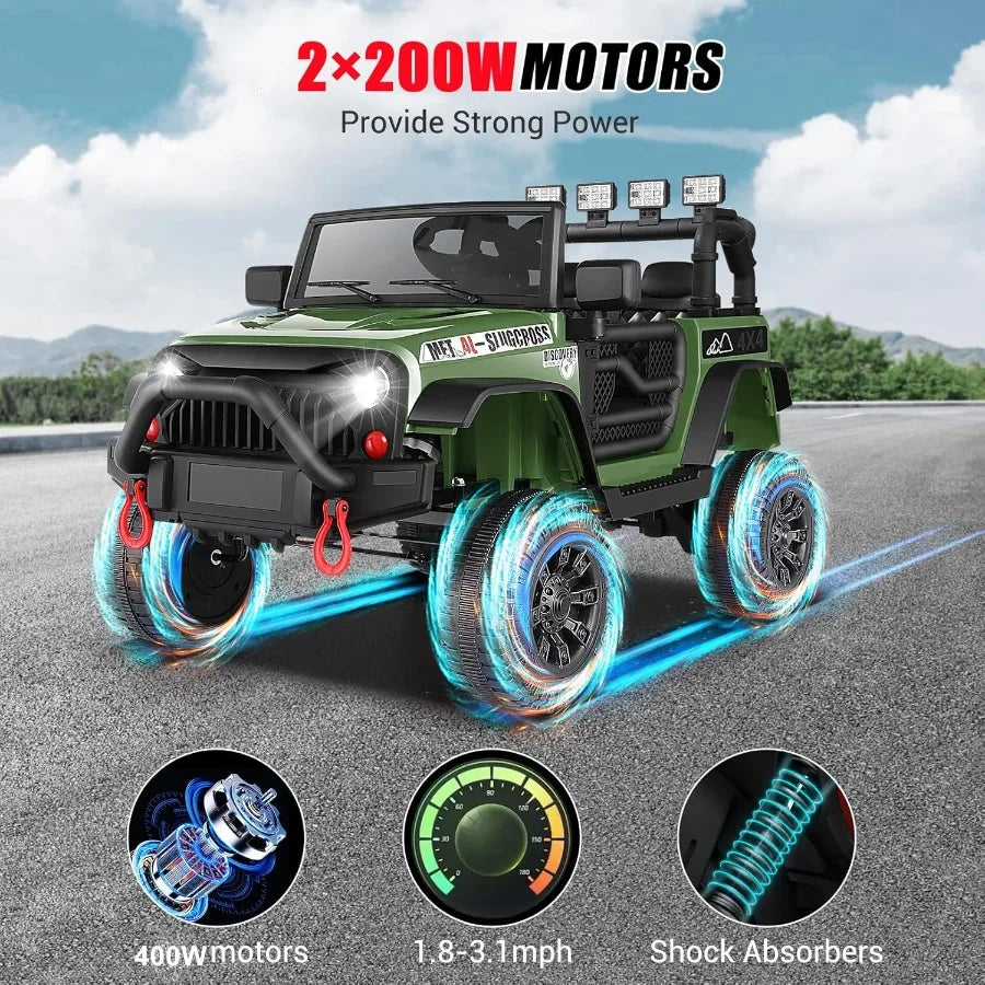 24V Military Jeep Electric Ride On Jeep For Kids - Olive Green | 4X4 400W Battery Powered  with Parent Control