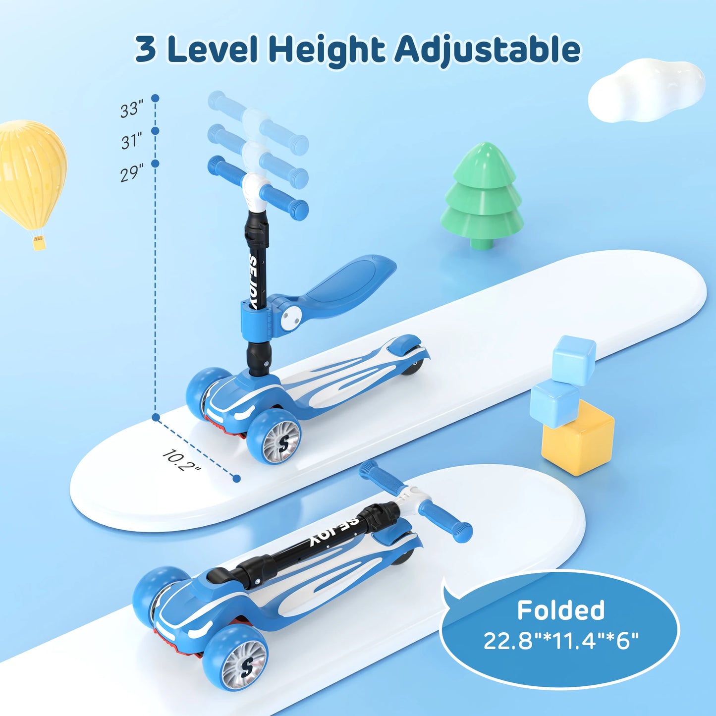Kids 3-Wheel Scooter w/ LED Wheels & Seat Adjustable | Sit/Stand Child Toddler Toy