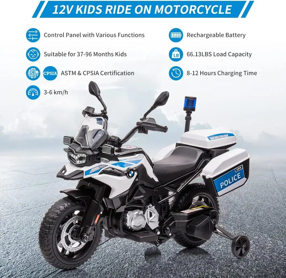 12V Kids Ride on Police Motorbike | Electric Cops Motorcycle with Training Wheels & Siren