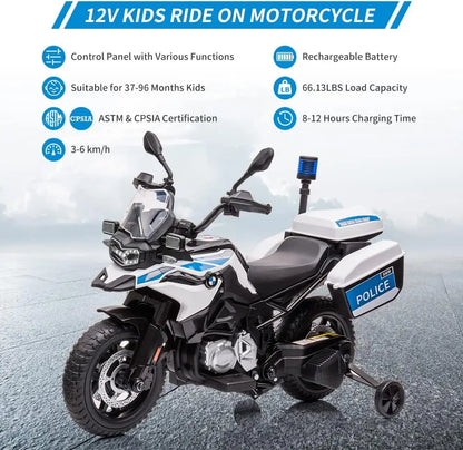 12V Kids Ride on Police Motorbike | Electric Cops Motorcycle with Training Wheels & Siren