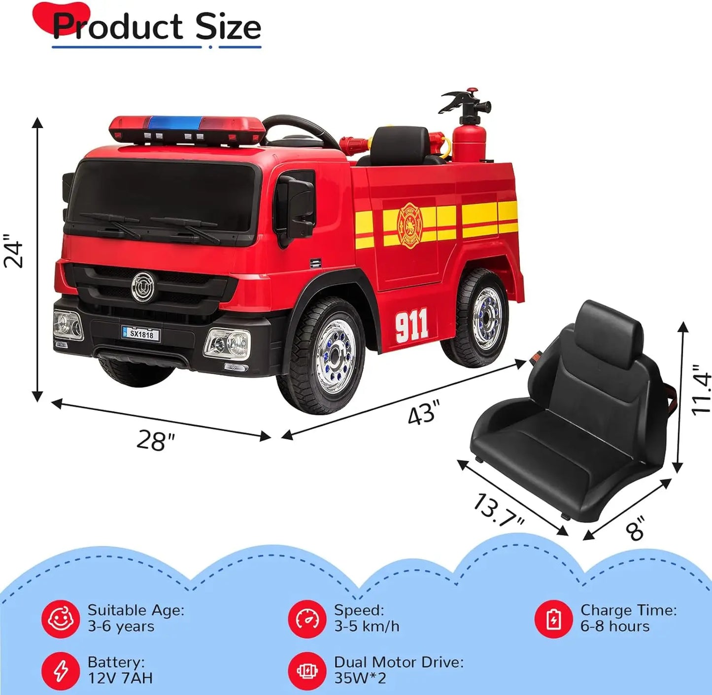 12V Kids Ride-On Fire Truck w/ Remote & Siren(Age: 2 -8Y )