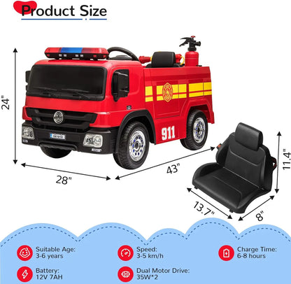12V Kids Ride-On Fire Truck w/ Remote & Siren(Age: 2 -8Y )