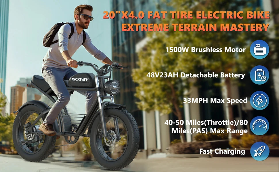 KICKWEY 48V K7 1500W Mountain Electric Bike for Teens & Adult - Fat Tire E-Bike