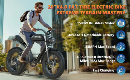 KICKWEY 48V K7 1500W Mountain Electric Bike for Teens & Adult - Fat Tire E-Bike