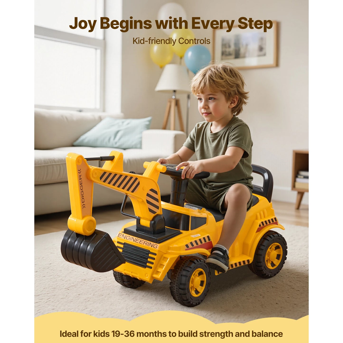 Toddler Ride-On Excavator | Foot-to-Floor Digger with Helmet | Kids Rider