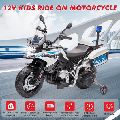 12V Kids Ride on Police Motorbike | Electric Cops Motorcycle with Training Wheels & Siren
