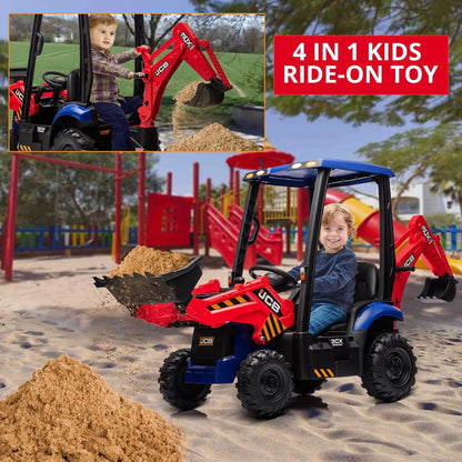 4-in-1  12V Kids Ride-On Excavator with Remote Control | Front Loader Digger Horn Adjustable Seat