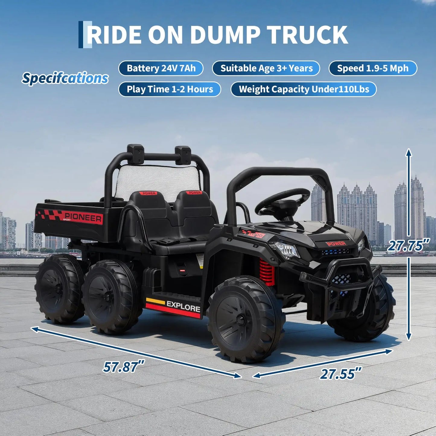24V 4WD  Electric Ride-on Dump Truck For Kids | 2-Seater With Parental Remote Control | All-Terrain Off-Road Heavy Truck
