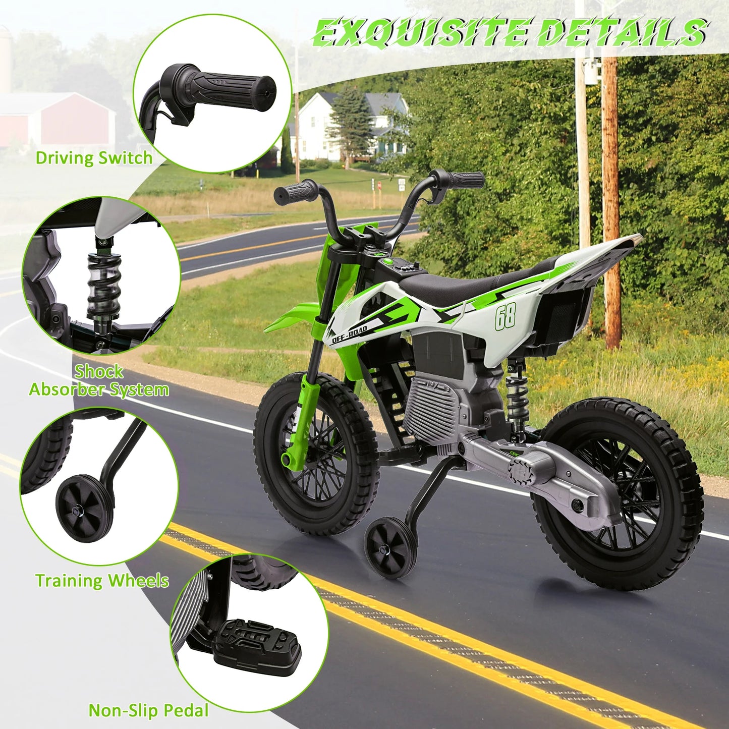 12V Kids Electric Dirt Bike w/ Training Wheels & Music | Safe Ride-on Motorcycle for Children(Age: 3 to 6Y)