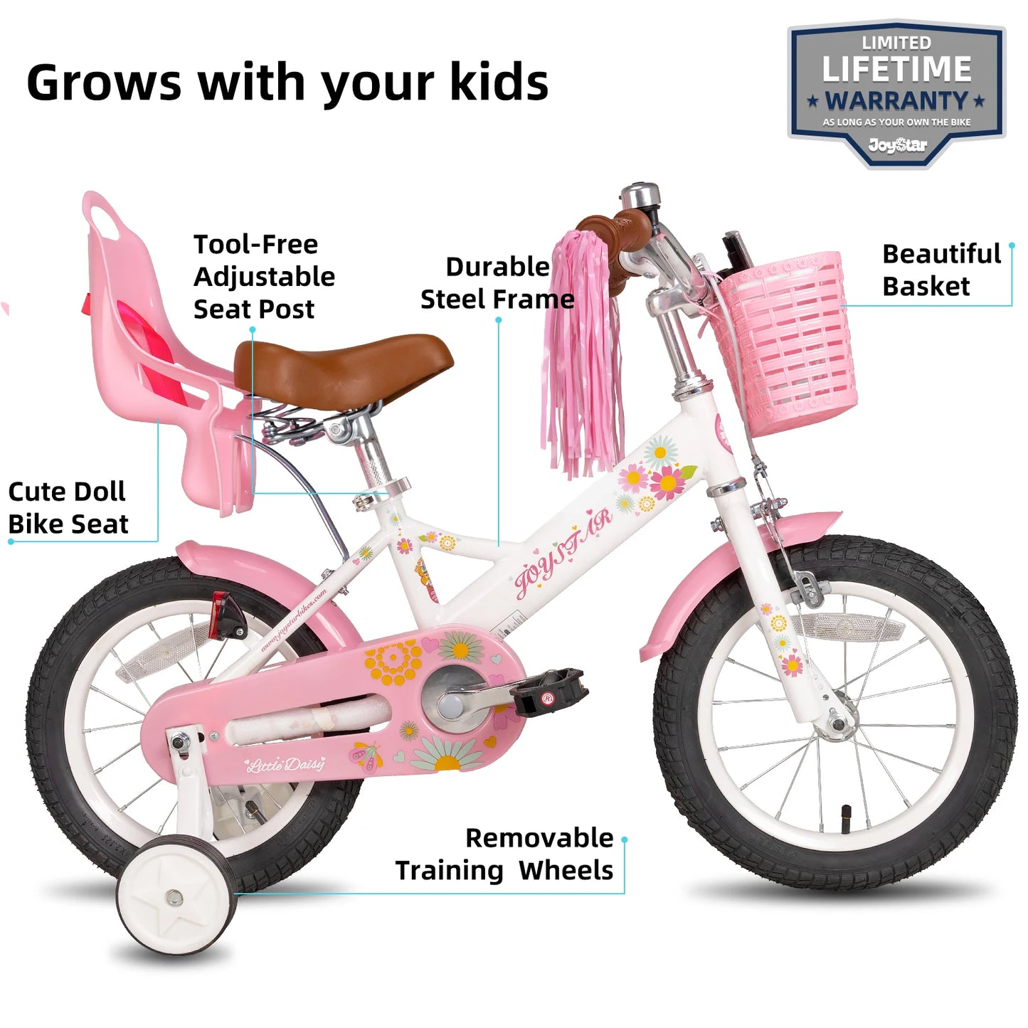 JOYSTAR Little Daisy Kids Bike for Girls & Boys | Doll Seat & Streamers | Ages 2–7 | Kids Rider
