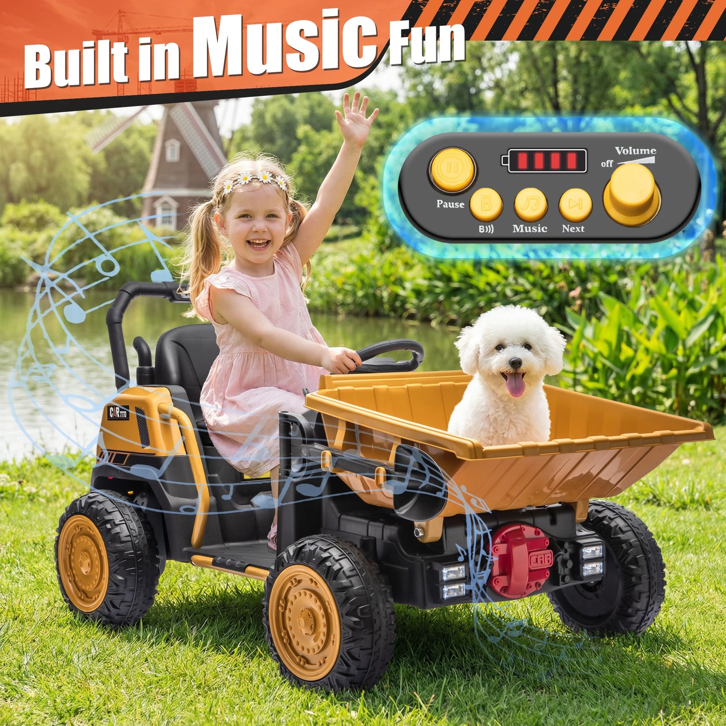24V Kids Ride-On Dump Truck w/ Remote, Metal Frame , Dump Bed & Shovel (Age: 3 to 9Y)