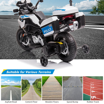 12V Kids Ride on Police Motorbike | Electric Cops Motorcycle with Training Wheels & Siren
