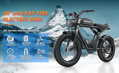 KICKWEY 48V K7 1500W Mountain Electric Bike for Teens & Adult - Fat Tire E-Bike