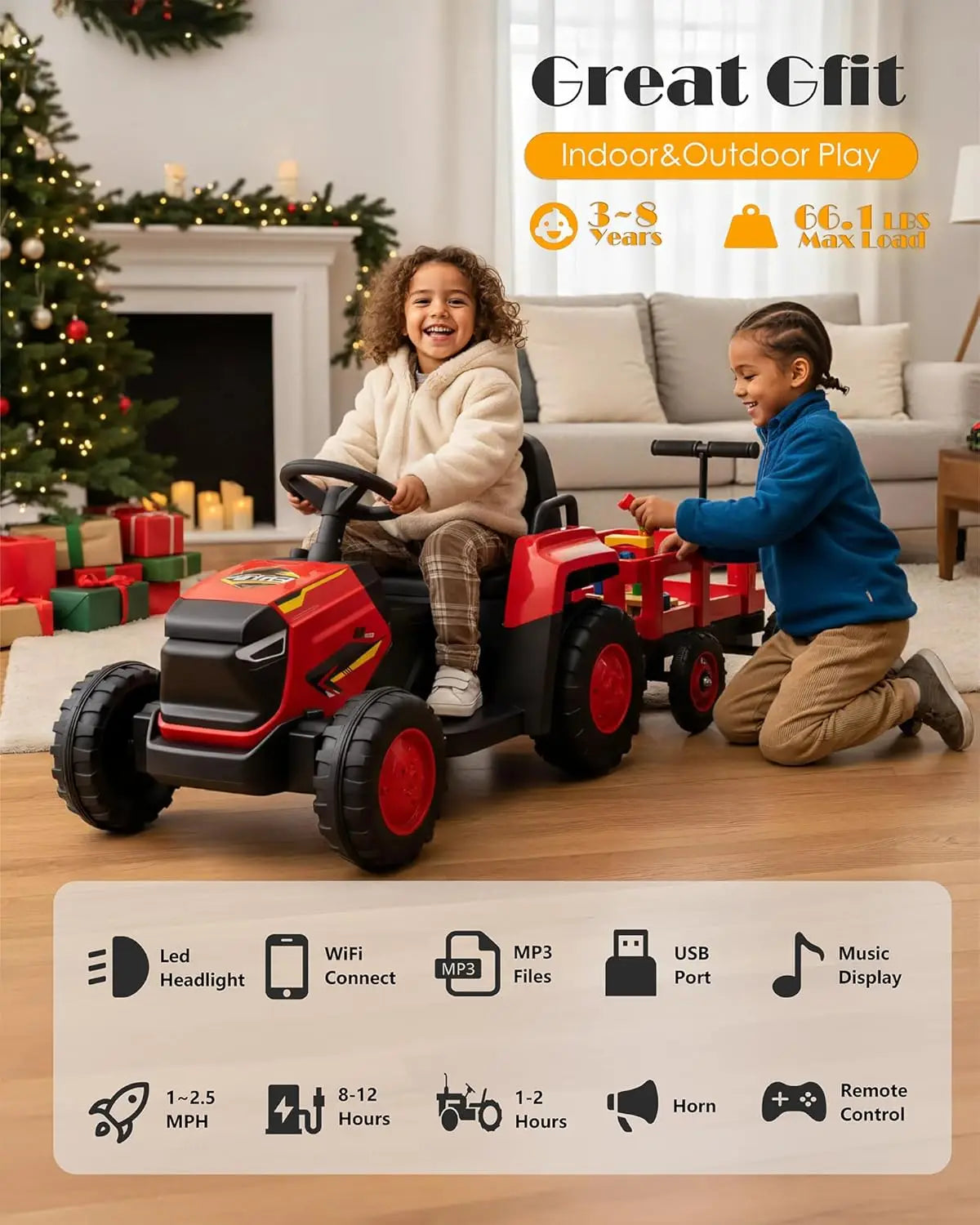 12V Kids Ride-On Tractor with Trailer (Ages 3–8) | Toddlers Ride on Tractor with Detachable Trailer
