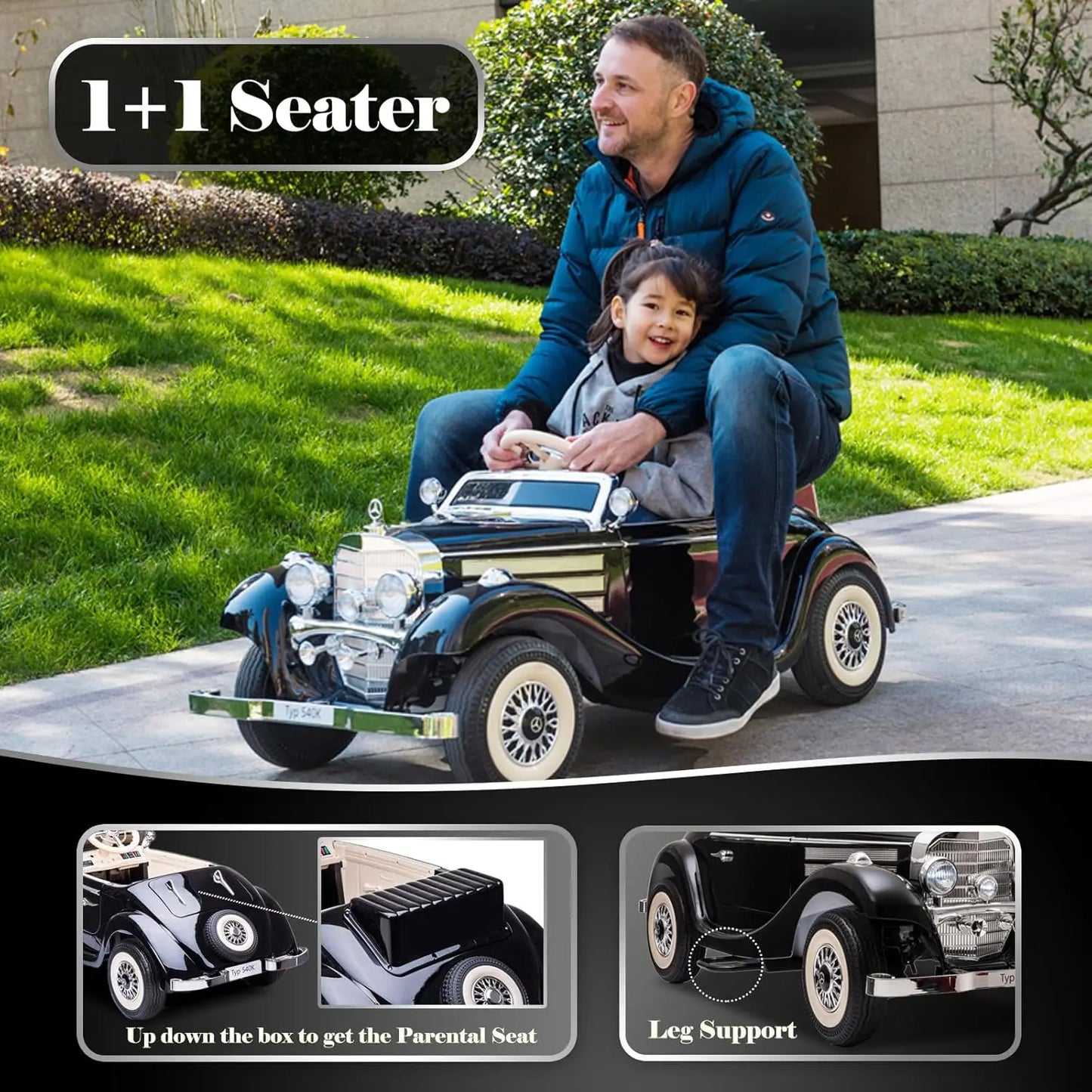 12V Mercedes-Benz Vintage Kids Ride-On Car w/ Remote – 220lbs