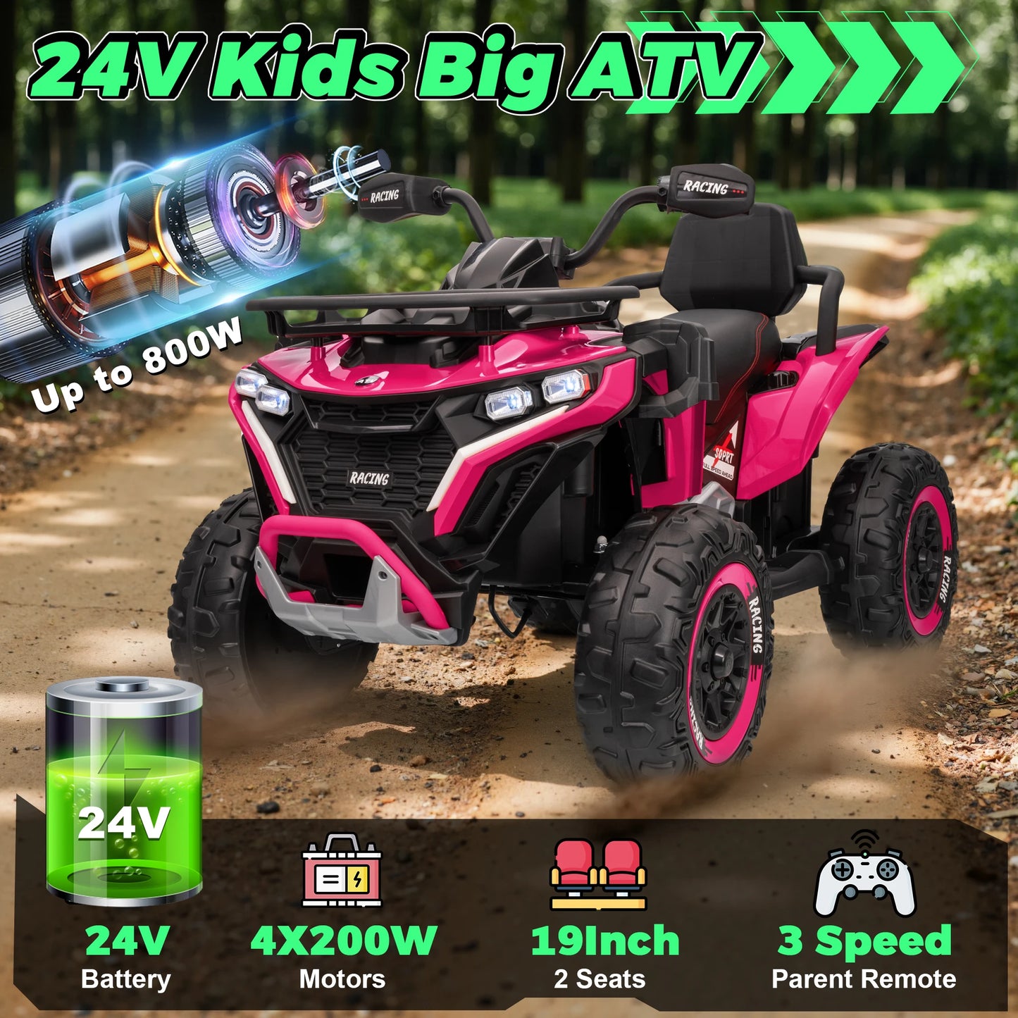 24V XL 2-Seater Kids ATV | 800W Motors & 19" EVA Tires | Quad Bike for kids | Kids Rider