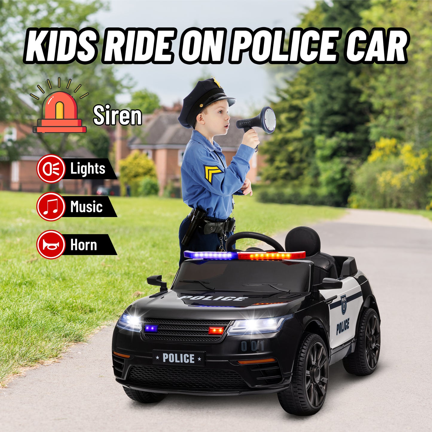 QABA 12V Kids Police Ride-On Car w/ Remote, Siren & Music | 1-Seater