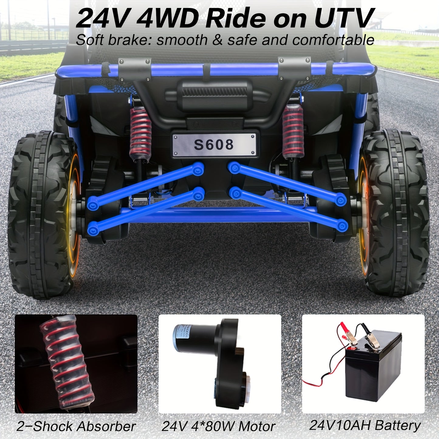 Kids Electric UTV - 4WD Electric UTV for Kids - 24V with Parent Remote Control, Safety Belts, Bright LED Lights, All-Terrain Tires, Parent Control Lock - Red/Blue Off-Road Vehicle for Boys & Girls Ages 3+