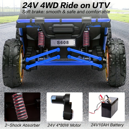 Kids Electric UTV - 4WD Electric UTV for Kids - 24V with Parent Remote Control, Safety Belts, Bright LED Lights, All-Terrain Tires, Parent Control Lock - Red/Blue Off-Road Vehicle for Boys & Girls Ages 3+