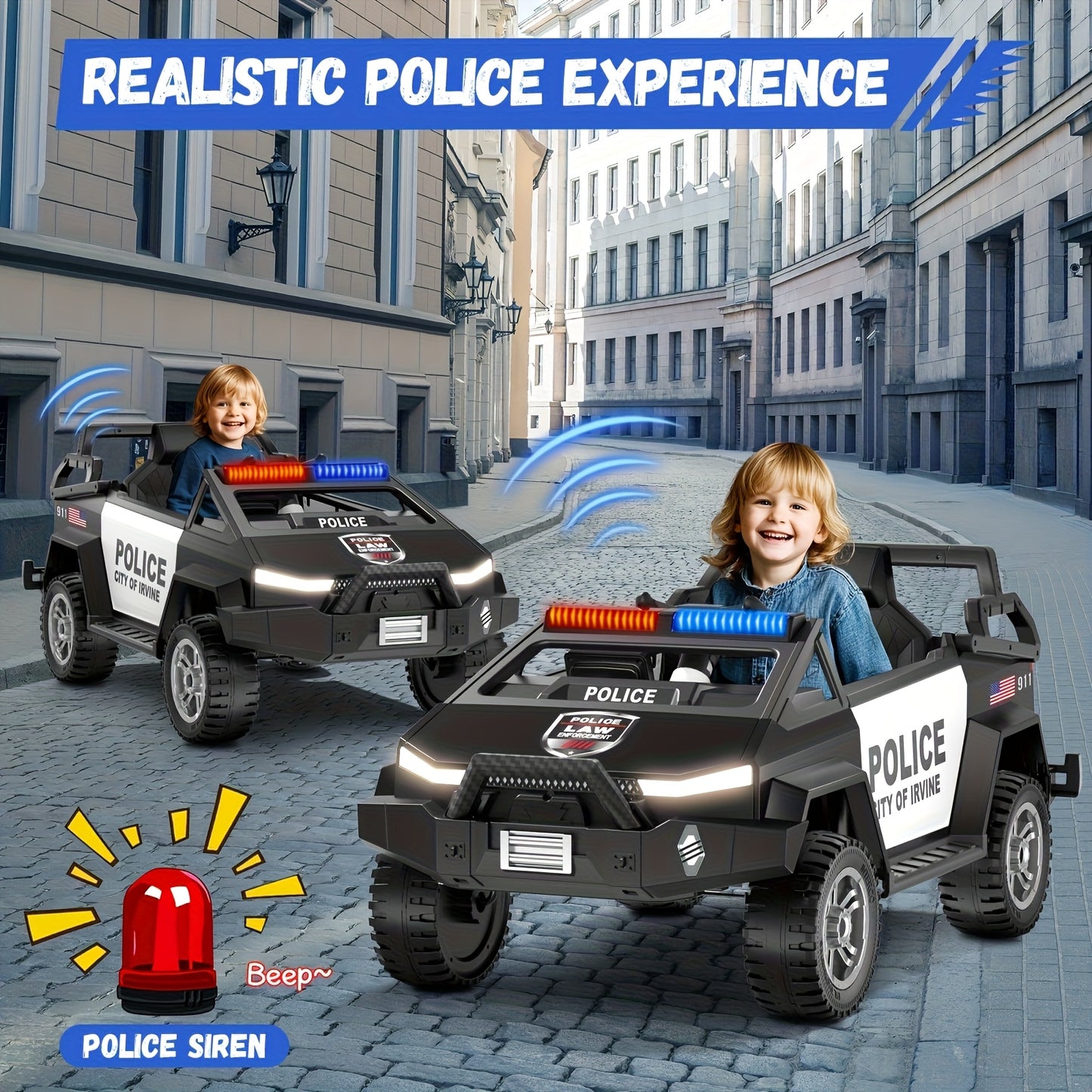 24V Kids Police Cyber Truck w/ Parent Remote, Siren & LED Lights | 2-Seater