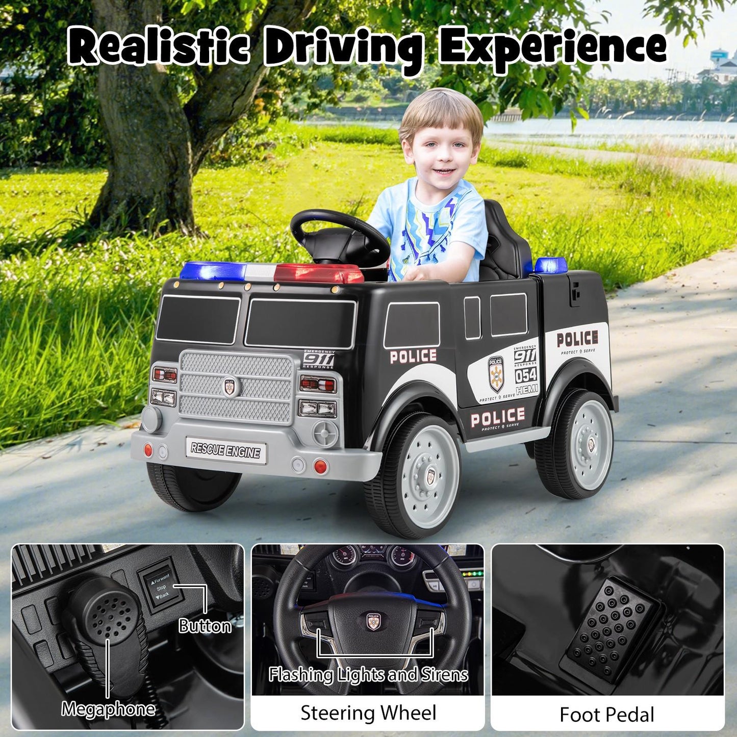 COSTWAY 12V Kids Police Ride-On Truck w/ Siren, Music & Storage | 1-Seater