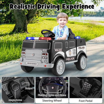 COSTWAY 12V Kids Police Ride-On Truck w/ Siren, Music & Storage | 1-Seater