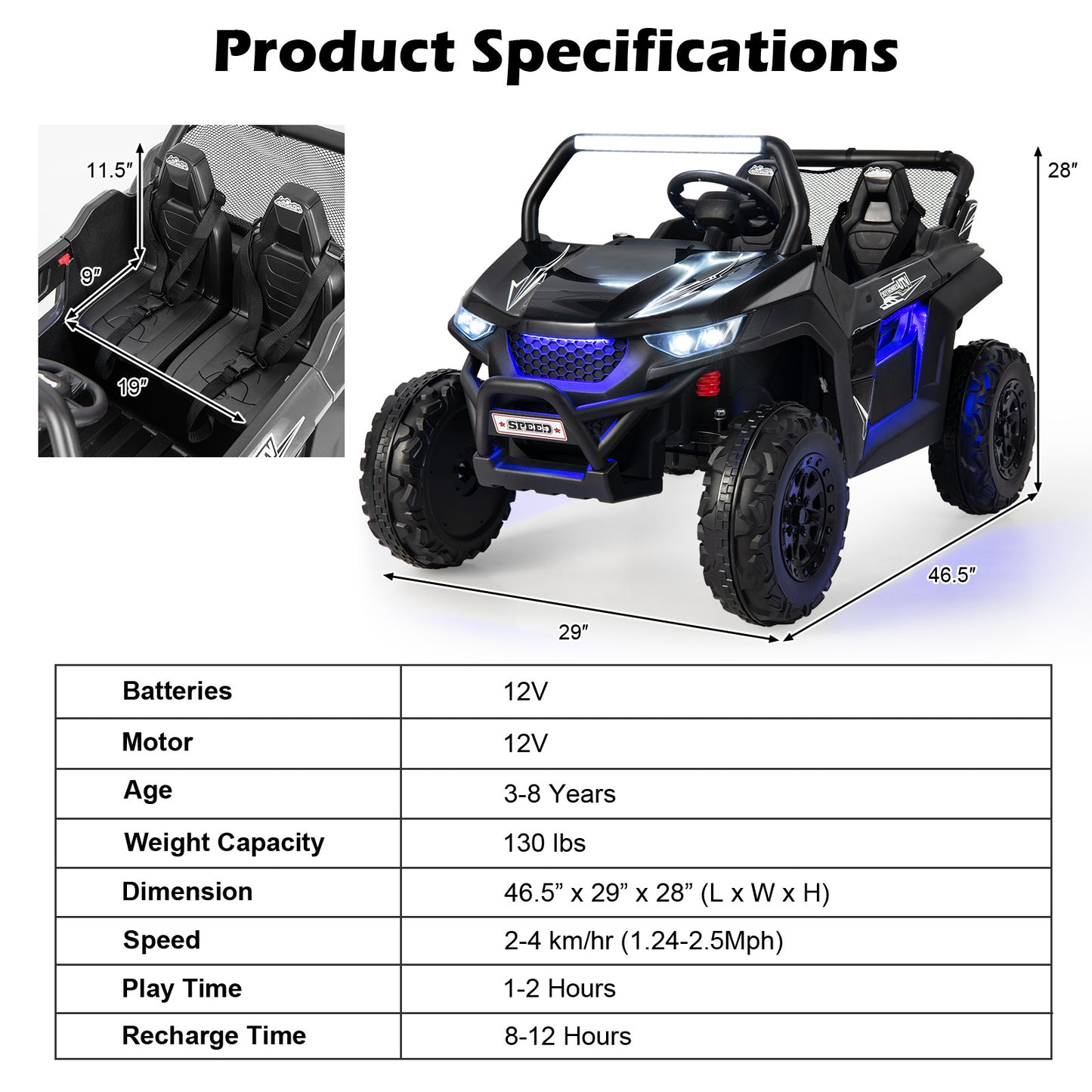 COSTWAY 12V 2-Seater UTV Ride-On Car w/ Remote & Music | Kids Toy