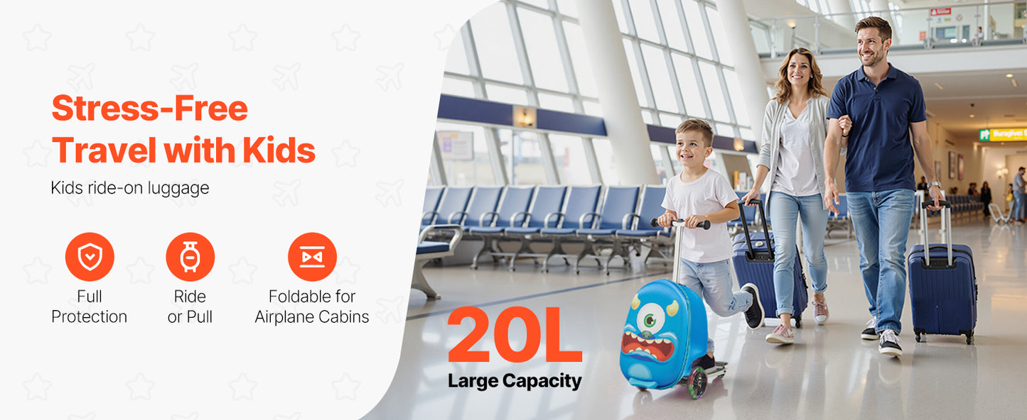 Kids Ride-On Scooter Suitcase | 20L Carry-On with Flashing Wheels | Kids Rider